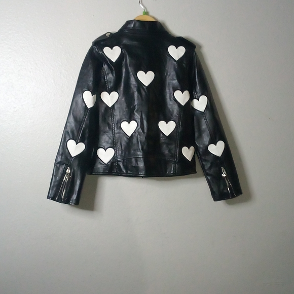 Lola Black Leather Jacket with White Heart Details - Picture 4 of 6